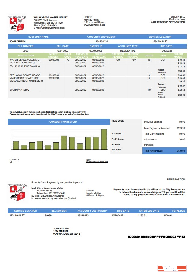 USA Wawatosa Water Utility utility bill template in Word and PDF format